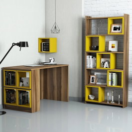 Hanah Home Escritorio y Estantería Bohemios Nogal y Amarillo